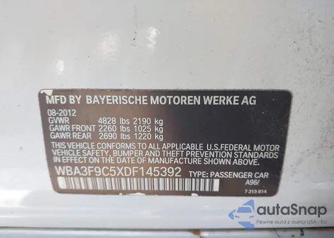 2013 BMW Activehybrid 3 z USA, uszkodzony, nr VIN WBA3F9C5XDF145392